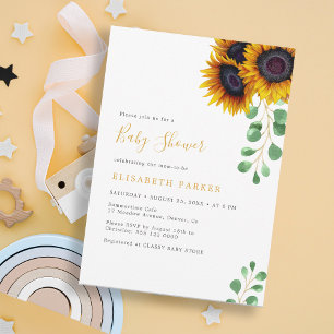 Elegante Sonnenblumen-Eukalyptus-Baby-Party Einladung