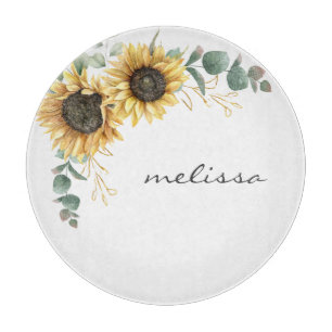 Elegante Sonnenblumen-Eukalyptus-Blumen Schneidebrett