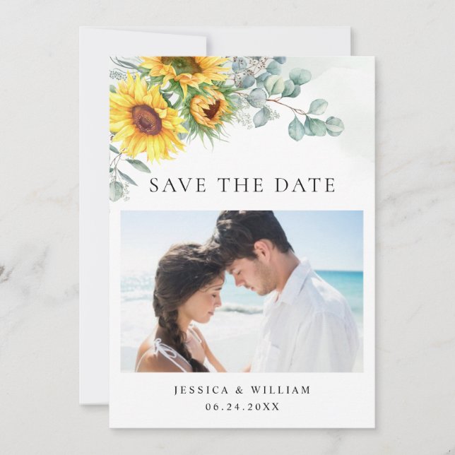 Elegante Sonnenblumen Eukalyptus-FOTO Hochzeit Save The Date (Vorderseite)