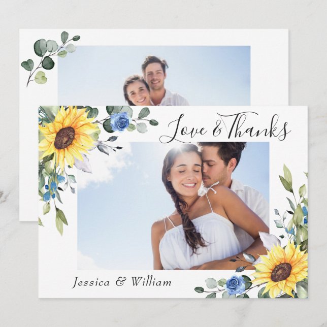 Elegante Sonnenblumen Eukalyptus Grüne 2 FOTO Dankeskarte (Vorne/Hinten)
