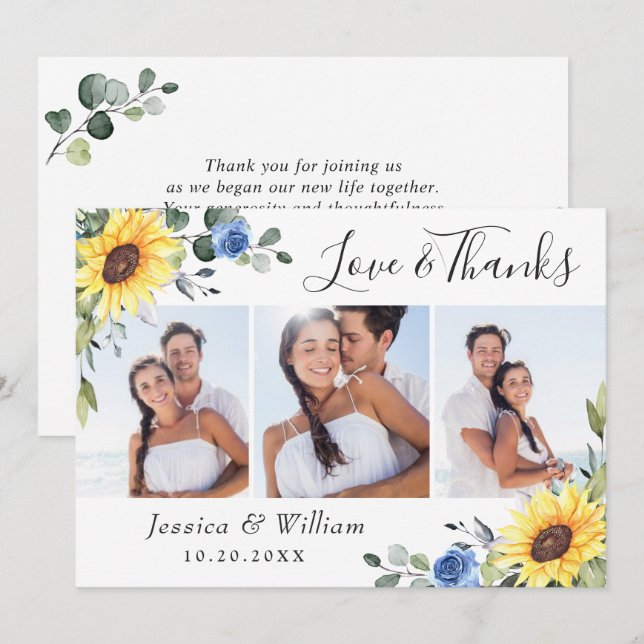 Elegante Sonnenblumen Eukalyptus Grüne 3 FOTO Dankeskarte (Vorne/Hinten)