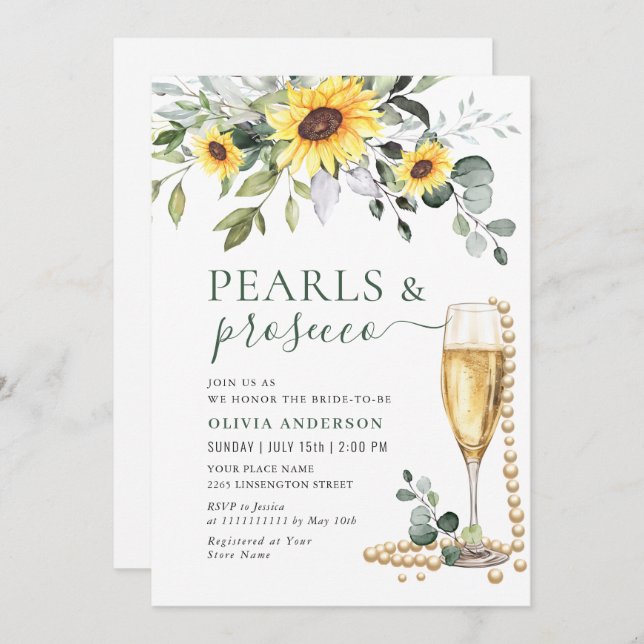 Elegante Sonnenblumen Eukalyptus PEARLS & Prosecco Einladung (Vorne/Hinten)