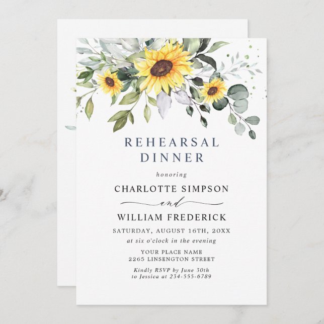 Elegante Sonnenblumen Eukalyptus PROBE DINNER Einladung (Vorne/Hinten)