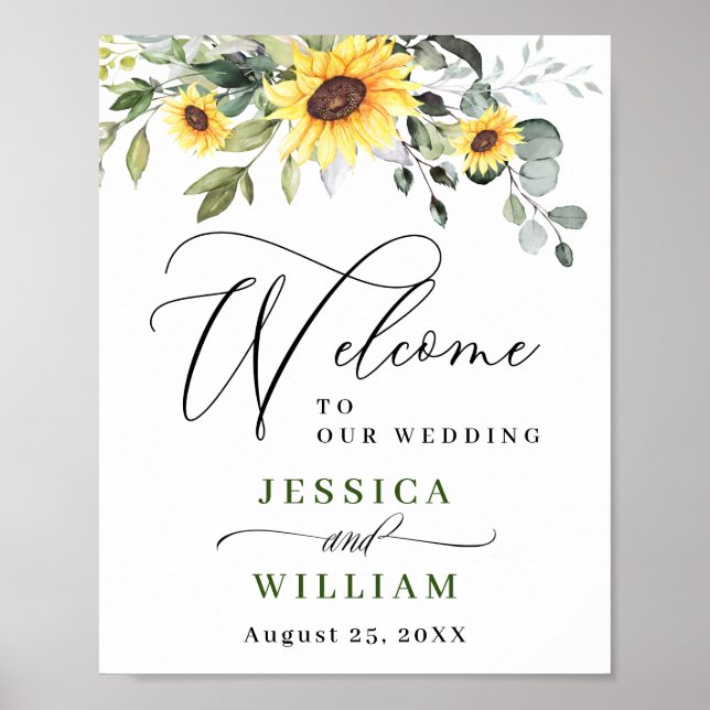 Elegante Sonnenblumen Eukalyptus Wedding Willkomme Poster (Vorne)