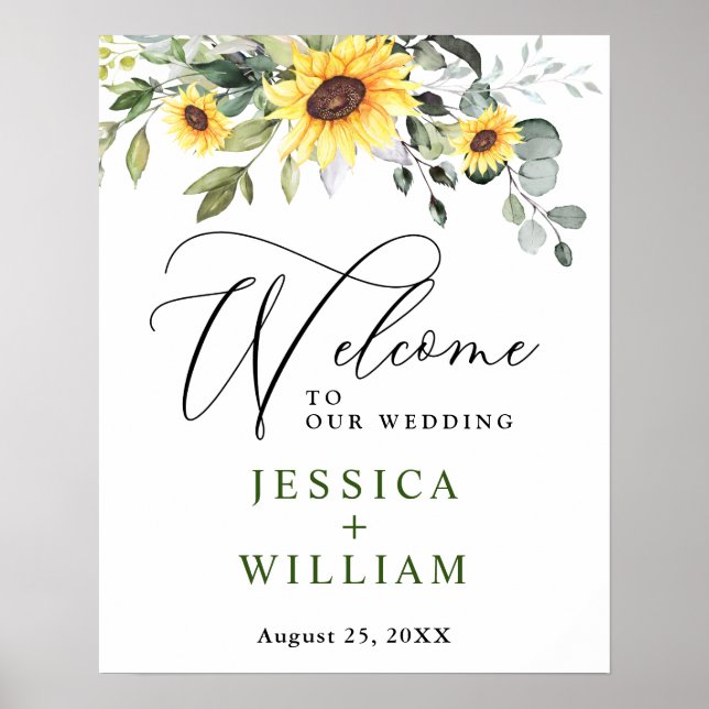 Elegante Sonnenblumen Eukalyptus Wedding Willkomme Poster (Vorne)