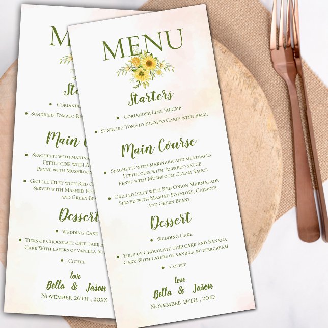Elegante Sonnenblumen Gelbe Niedliche Blumenfeier Menükarte (Elegant Sunflower Yellow Cute Floral Wedding Party Menu)