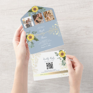 Elegante Sonnenblumen-Hochzeit in Staubblau All In One Einladung
