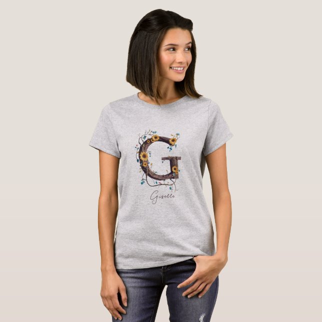 Elegante Sonnenblumen Monogramm G: Reben und Weich T-Shirt (Vorne ganz)