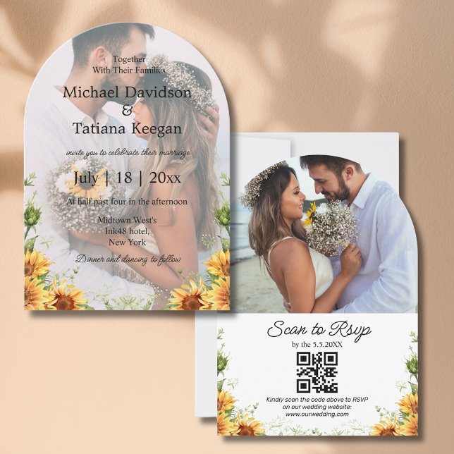 Elegante Sonnenblumen qr Code 2 Foto Boardhochzeit Einladung (Von Creator hochgeladen)