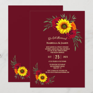 Elegante Sonnenblumen Rose Burgund Hochzeitsempfan Einladung