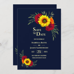 Elegante Sonnenblumen Rote Rose Navy Blue Wedding  Save The Date