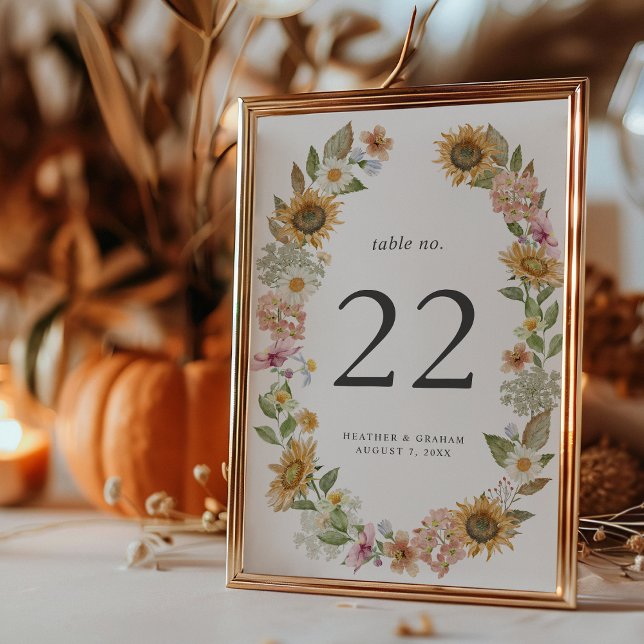 Elegante Sonnenblumen-Tischnummer (Elegant Watercolor Sunflower Wildflower Decor Table Number by Painted Paperie
)