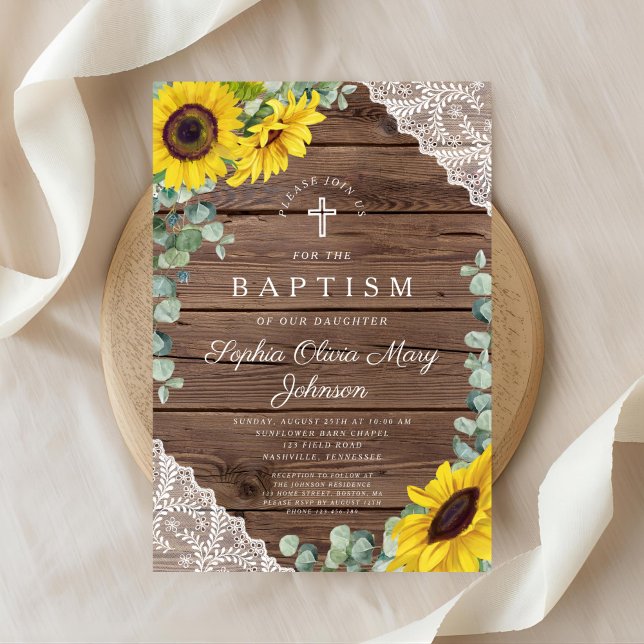 Elegante Sonnenblumen überziehen die Taufe des Hol Einladung (Front Elegant Sunflowers Lace Wood Cross Baptism Invitation)