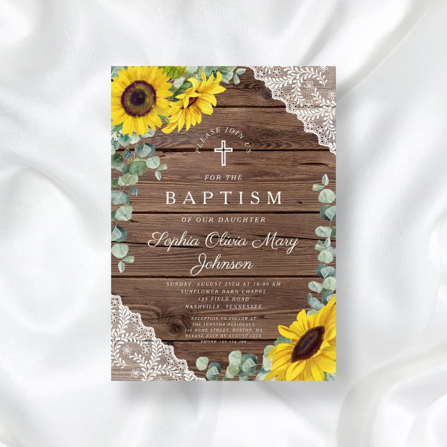 Elegante Sonnenblumen überziehen die Taufe des Hol Einladung (Elegant Sunflowers Lace Wood Cross Baptism Invitation)