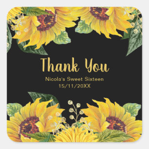 Elegante Sonnenblumen und Blätter Sweet Sixteen Quadratischer Aufkleber