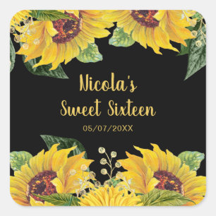 Elegante Sonnenblumen und Blattwerk Sweet Sixteen Quadratischer Aufkleber