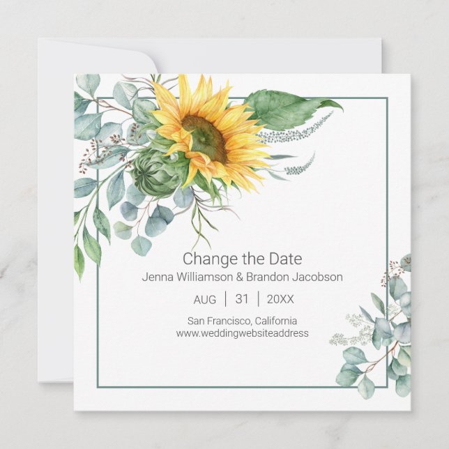Elegante Sonnenblumen und Eukalyptus Ändern Sie da Save The Date (Vorderseite)