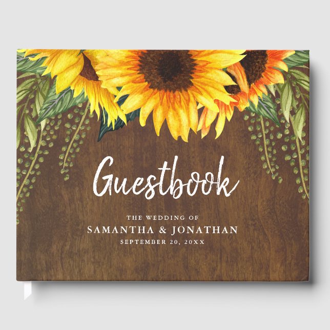Elegante Sonnenblumen und Foliage Rustic Wood Wedd Gästebuch (Vorderseite)