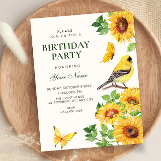 Elegante Sonnenblumen Vogel Geburtstag Einladung