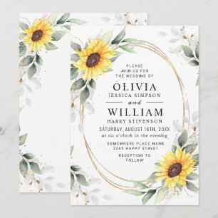 Elegante Sonnenblumen Watercolor Grüne Hochzeit Einladung