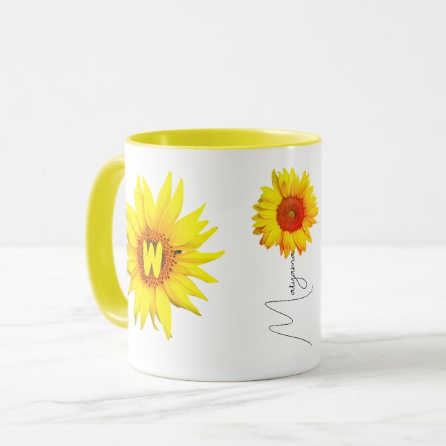 Elegante Sonnenblumencoffee Tasse (Name & Monogram (Vorderseite Links)