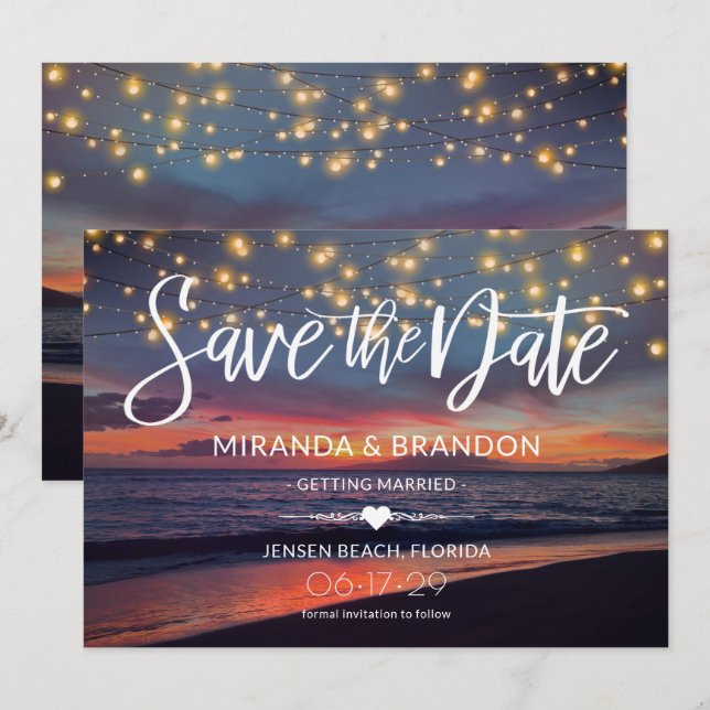 Elegante Sonnenuntergang Beach String Lights Somme Save The Date (Vorne/Hinten)