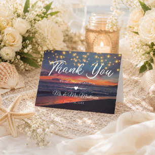 Elegante Sonnenuntergang Strandnähe Sommerhochzeit Dankeskarte