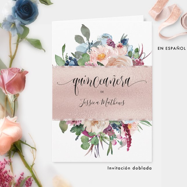 Elegante Spanische Rose Gold Quinceñera geklappt Einladung (Von Creator hochgeladen)