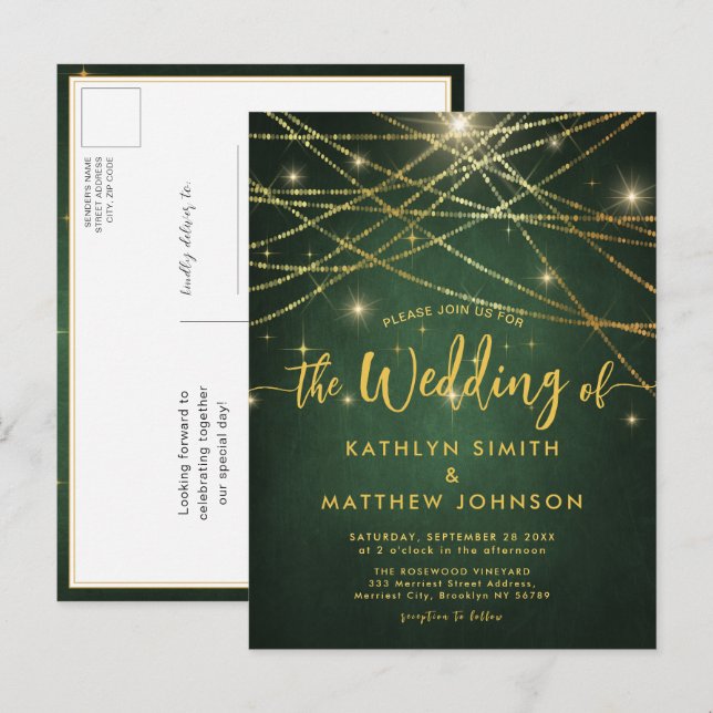 Elegante Sparkling Gold String Lights Hochzeit Einladungspostkarte (Vorne/Hinten)
