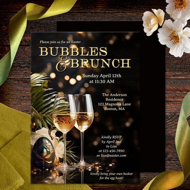 Elegante Sparkling Osterblasen und Brunch Einladung (Stylish and festive Easter Bubbles & Brunch invitation showing two glasses of sparkling wine and egg)
