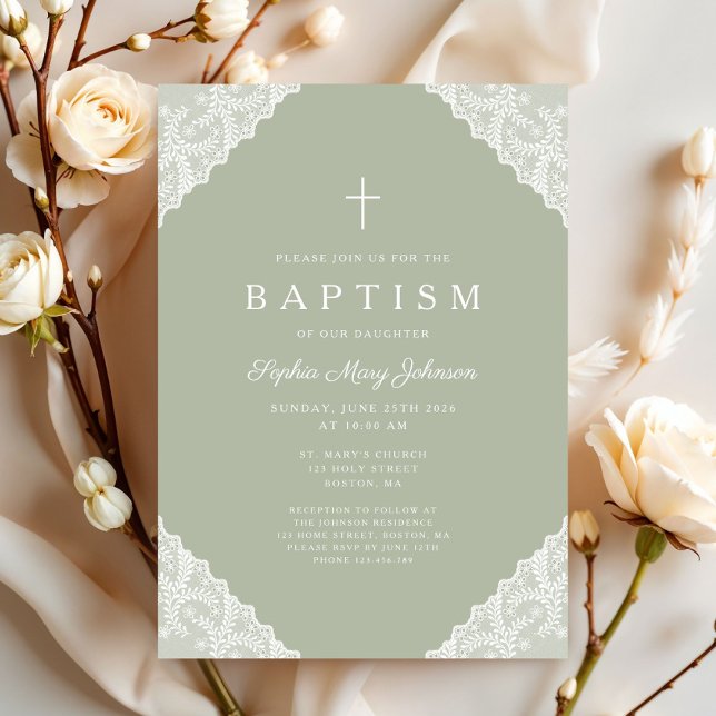 Elegante Spitze Hellgrün Taufe Einladung (Elegant Lace Sage Green Baptism Invitation)