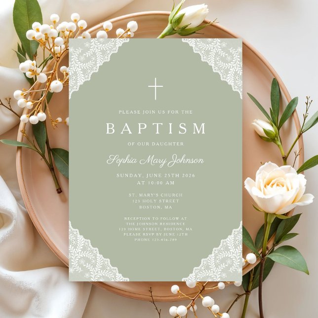Elegante Spitze Hellgrün Taufe Einladung (Elegant Lace Sage Green Baptism Invitation)