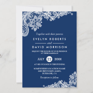 Elegante Spitze Navy Blau Weiße formelle Hochzeit Einladung