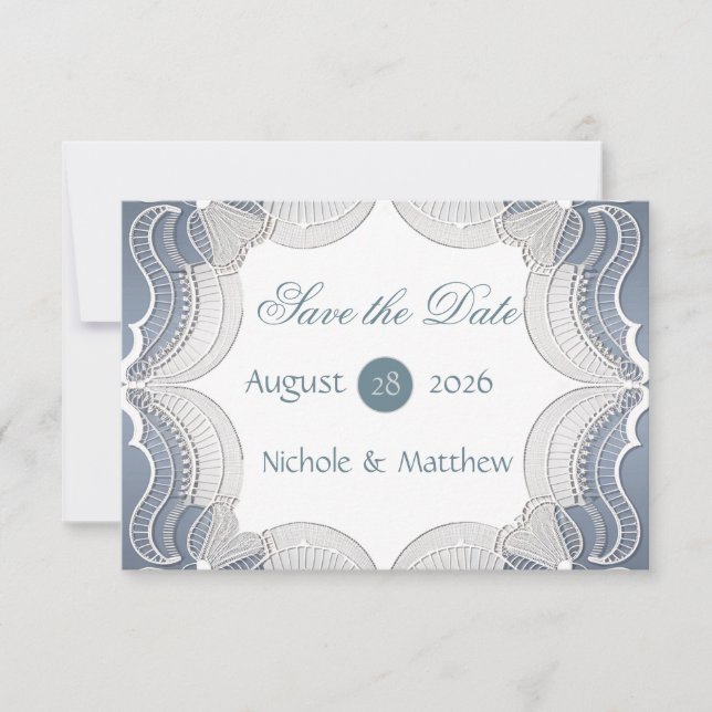 Elegante Spitzen auf blauer Hochzeit Speichern Sie (Vorderseite)