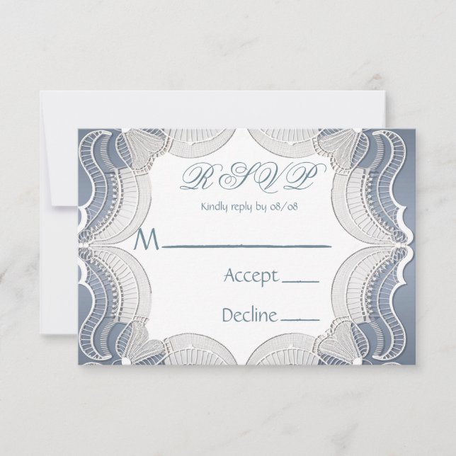 Elegante Spitzen auf Blue Wedding RSVP Cards (Vorderseite)