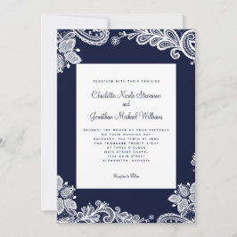 Elegante Spitzen Hochzeit Custom Foto Navy Blue Wh Einladung