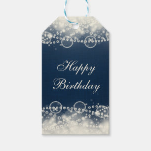 Elegante Spitzen und Perlen auf Blue Happy Birthda Geschenkanhänger
