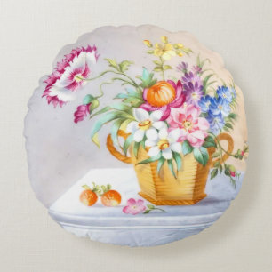 Elegante Spring Garden Blume Basket & Erdbeeren Rundes Kissen
