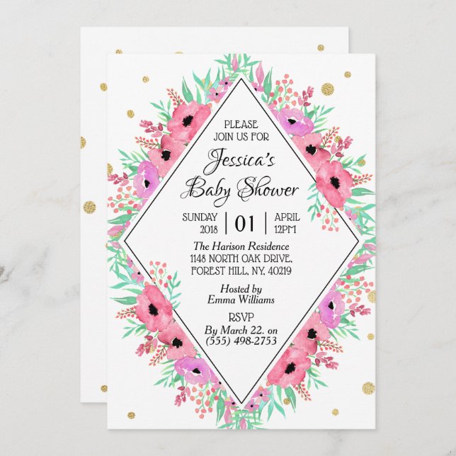 Elegante Spring Watercolor Blütendusche Einladung (Vorne/Hinten)