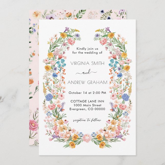 Elegante Spring Wildblume Meadow Garden Wedding Einladung (Vorne/Hinten)