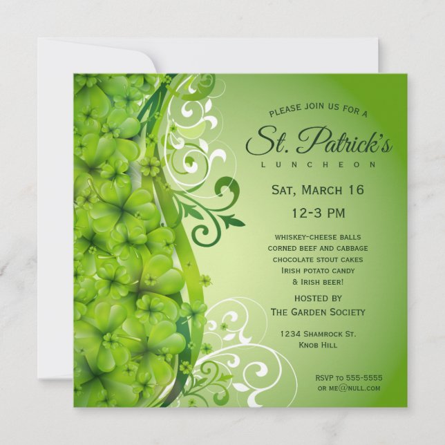 Elegante St. Patrick's Day Kleeblatts und Scrolls Einladung (Vorderseite)
