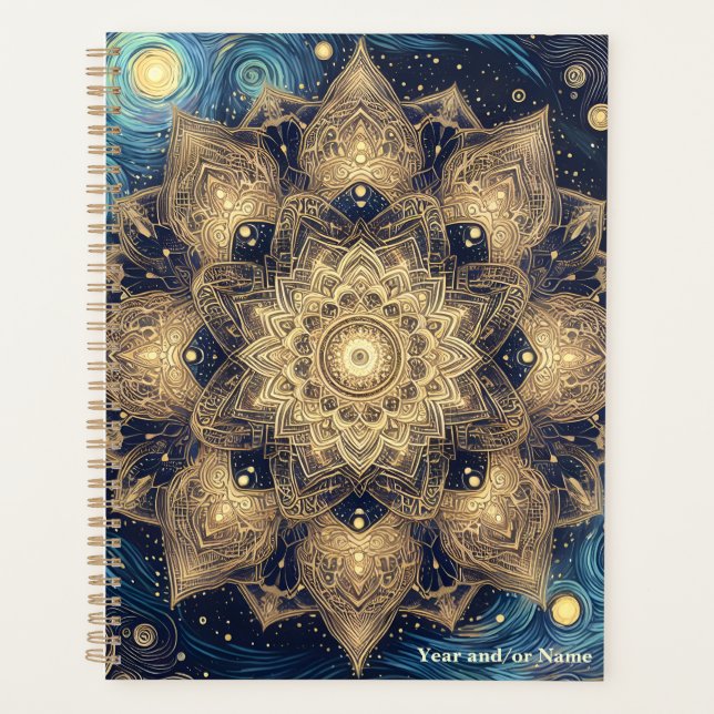 Elegante Starry Night Nebula Blue Gold Mandala Planer (Vorderseite)