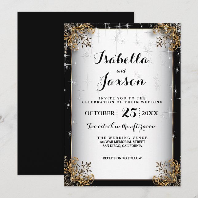 Elegante Starry Night Wedding in Black and Gold Einladung (Vorne/Hinten)