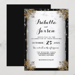 Elegante Starry Night Wedding in Black and Gold Einladung