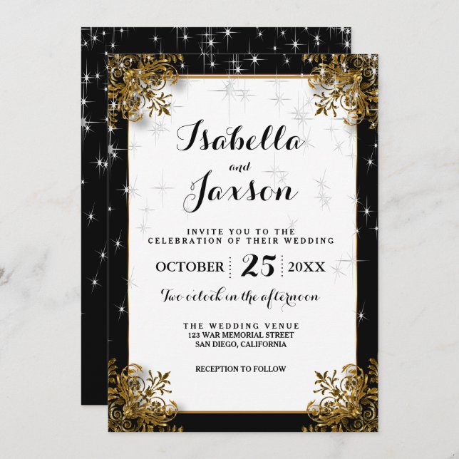 Elegante Starry Night Wedding in Black and Gold Einladung (Vorne/Hinten)