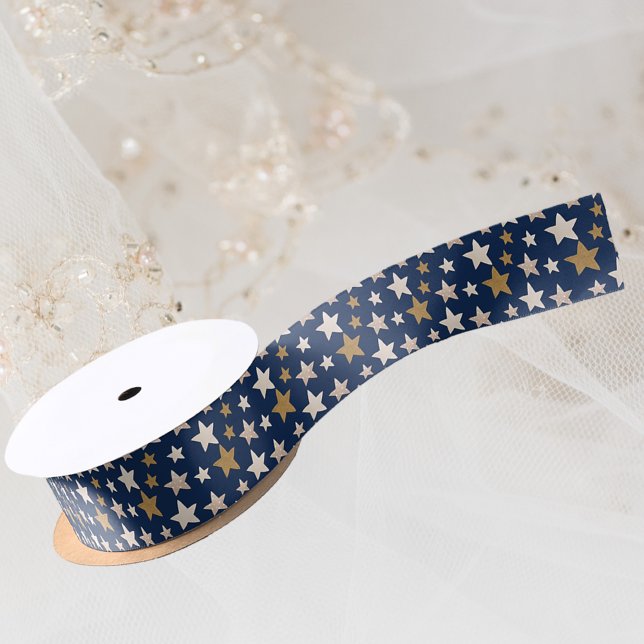 Elegante Stars Christmas Blue Gold Ribbon Satinband (Von Creator hochgeladen)