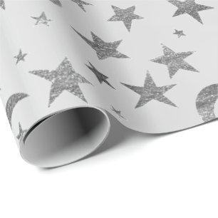 Elegante Stars Moon Silver Gray Metallic Sky Geschenkpapier