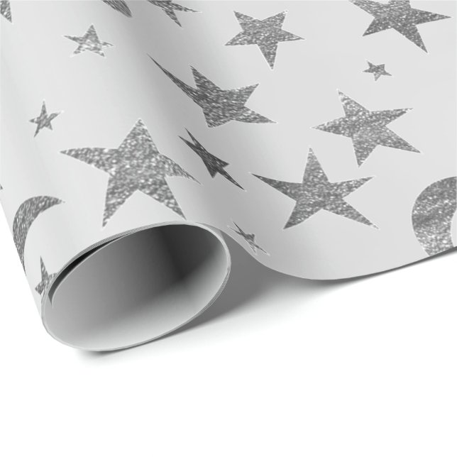 Elegante Stars Moon Silver Gray Metallic Sky Geschenkpapier (Rolleneckpunkt)