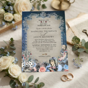 Elegante staubblaue Alice-im-Wunderland-Hochzeit Einladung