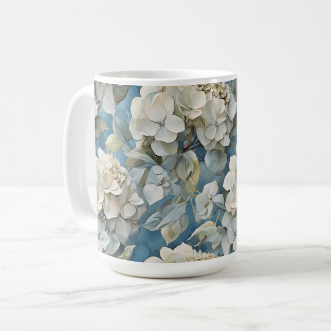 Elegante staubblaue aquamarine Blumenhydrangeas au Kaffeetasse (Vorderseite Links)